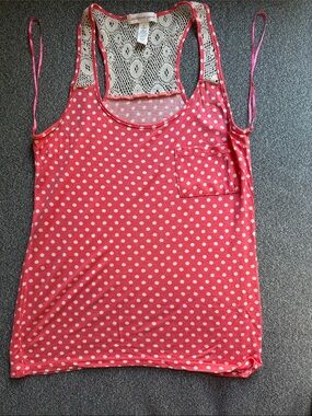 Mudd Pink White Polka Dot Lace-Back Tank